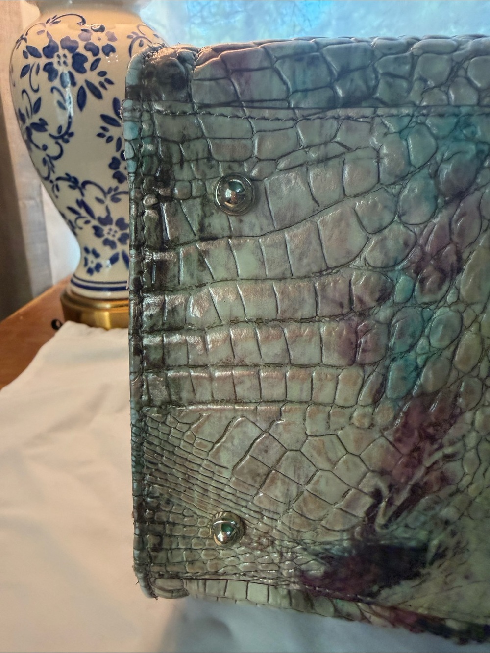 Brahmin Green and Mauve Croc-Embossed Satchel - Picture 11 of 13